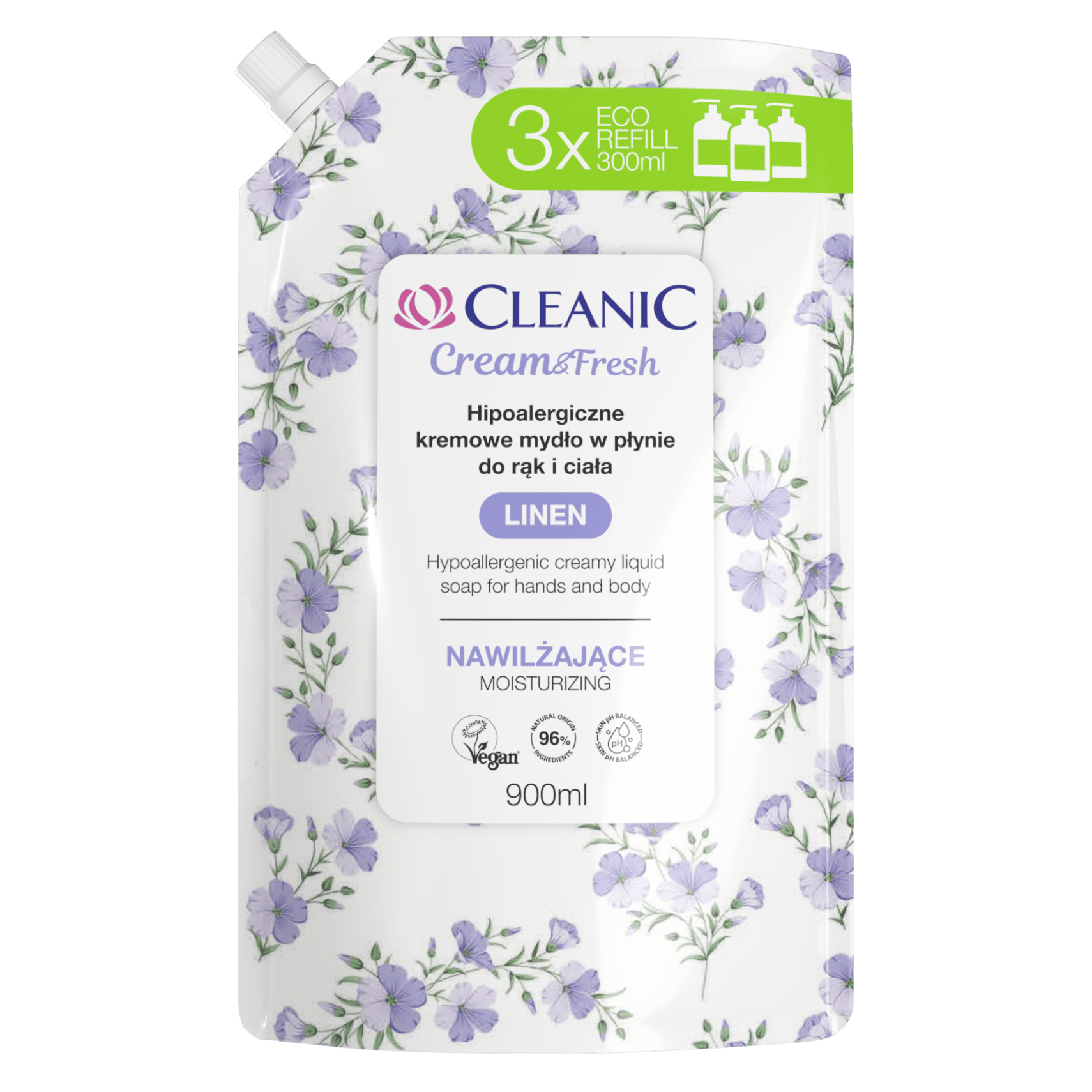 Cleanic Cream & Fresh Linen, hipoalergiczne, kremowe mydło w płynie, 900 ml